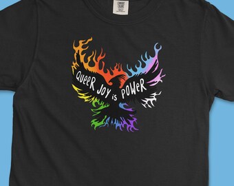 LGBTQ+ Queer Joy is Power Tee | Rainbow Phoenix Fire Pride Shirt | Comfort Colors T-Shirt