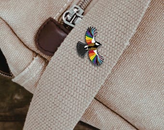 LGBTQ+ Pride Enamel Pin | Rainbow Flag Bird | Flying High Queer Trans Joy Art