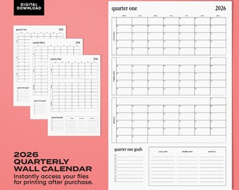 Afdrukbare kwartaalkalender | Jaarplanner eerste kwartaal tot vierde kwartaal | Planner doelen stellen | Maand- en kwartaaldoelen | Planningsjabloon voor digitale download