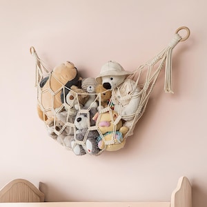 Macrame Toy Storage Hammock, Wall Shelf for Stuff Animals, Boho Nursery Toy Organization