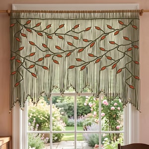 Olive Green and Rust Orange Macrame Tapestry, Handcrafted Leaf Wall Art on Wood Rod