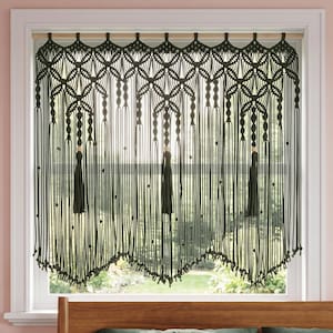 Donkergroene macramé volant, boho katoenen raamgordijn, kwastjes, houten kralen
