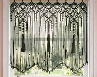 Dark Green Macrame Valance, Boho Cotton Window Curtain, Tassels, Wood Beads