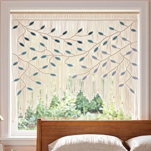 Extra grote macramé wanddecoratie met blauwe bladeren
