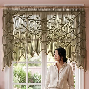 Olive Green Macrame Wall Hanging, Botanical Leaf Tapestry, Boho Window Valance, Wood Beads