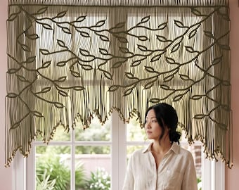 Olive Green Macrame Wall Hanging, Botanical Leaf Tapestry, Boho Window Valance, Wood Beads