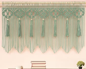 Sage Green Macrame Window Valance, Coastal Resort Window Curtain and Door Canopy