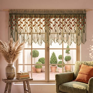Olive Green Macrame Valance, Terracotta Leaf Cotton Window Hanging, Boho Style
