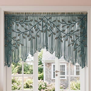 Extra Wide Macrame Valance, Teal Ochre Leaf Fiber Art, Moody Boho Window Decor
