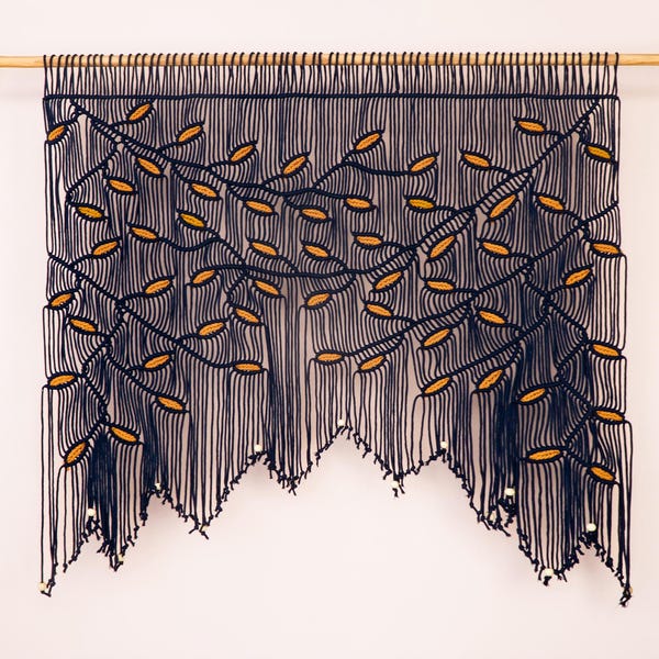 Navy Macrame Leaf Curtain, Mustard Accents, Boho Window Valance