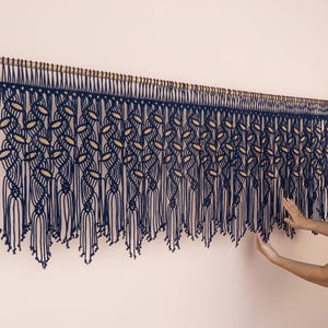 Navy Blue Macrame Wall Hanging, Botanical Leaf Tapestry, Boho Wood Dowel Decor