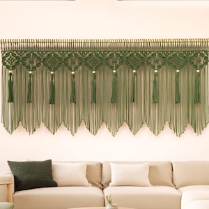 Hand-knotted Olive Green Macrame Valance, Boho Geometric Diamond Pattern Curtain
