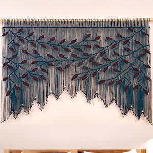 Macrame Valance in Peacock, Macrame Window Curtain, Narrow Leaf Pattern Tapestries