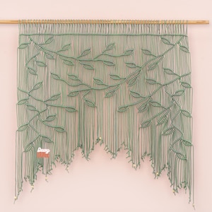 Sage Green Macrame Window Curtain: Boho Leaf Design