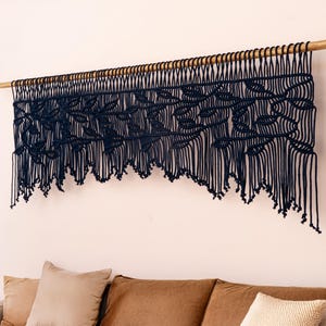 Navy Blue Macrame Leaf Valance, Botanical Cotton Wall Art, Boho Living Room Decor