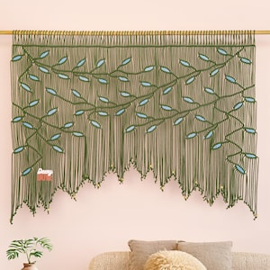 Personalized Macrame Leaf Curtain: Boho Window Hanging, Olive Green & Baby Blue