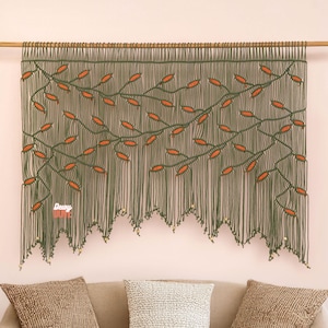Textile Headboard, Macrame Wall Art, Macrame Wall Hanging Bed, Long Yarn Art for Wall, Art Above Bed, Wall Tapestry, Green Leaves Macrame