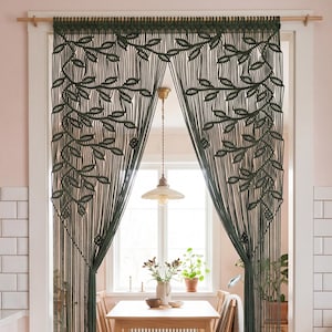 Dark Green Macrame Leaf Curtain, Boho Doorway Passage Cover