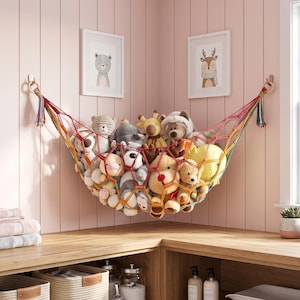 Macrame Stuffed Animal Holder, Plushie Net, Toy Storage Wall Mount, Boho Nursery Decor