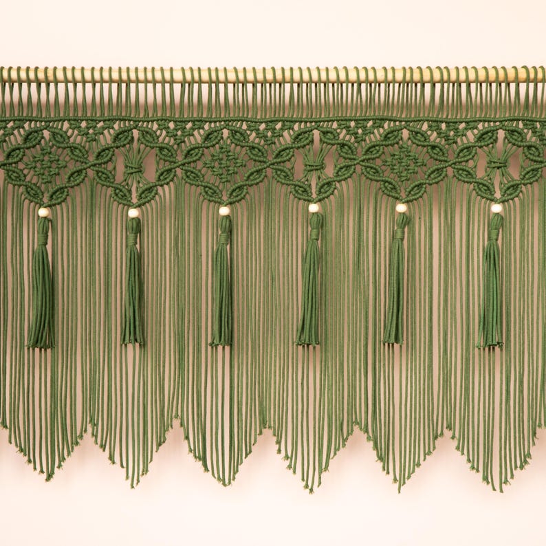 Hand-knotted Olive Green Macrame Valance, Boho Geometric Diamond ...