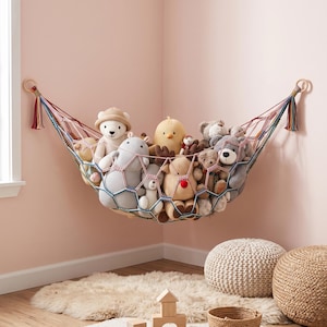 Rainbow Macrame Toy Hammock, Boho Plushie Storage Net, Nursery Organizer