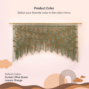 Large olive green macrame headboard alternative featuring fall-inspired orange leaf motifs.