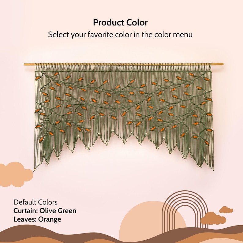 Large olive green macrame headboard alternative featuring fall-inspired orange leaf motifs.