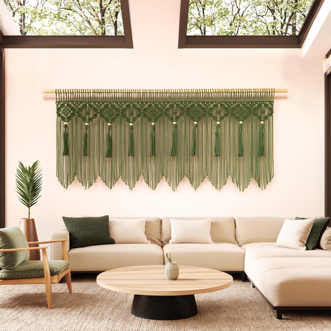Hand-knotted Olive Green Macrame Valance, Boho Geometric Diamond ...