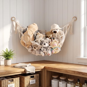Macrame Toy Storage Hammock, Wall Shelf for Stuff Animals, Boho Nursery Toy Organization