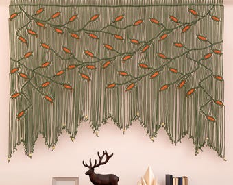 Olive Green and Rust Orange Macrame Tapestry, Handcrafted Leaf Wall Art In-side Mounted Window Curtain