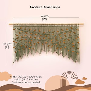 Modern organic macrame wall decor with a layered scalloped fringe and wooden bead accents.
