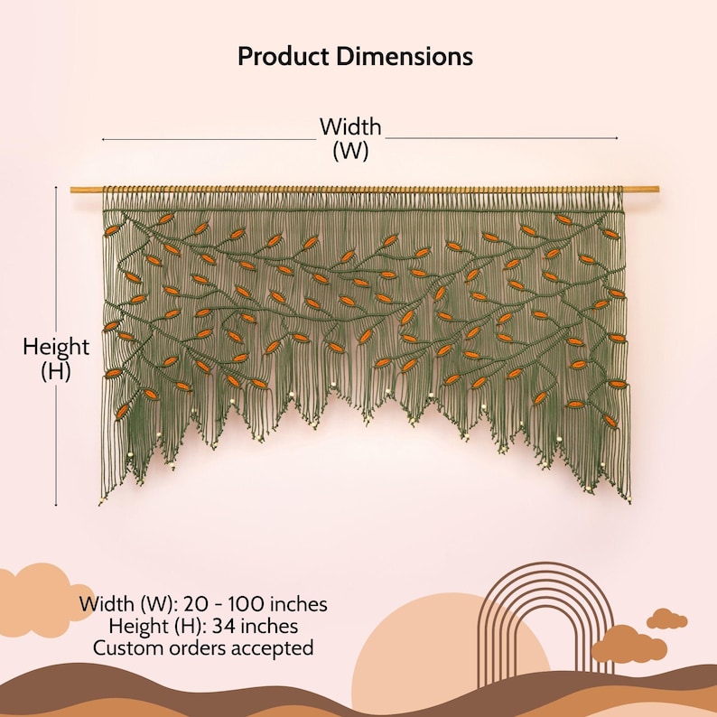 Modern organic macrame wall decor with a layered scalloped fringe and wooden bead accents.