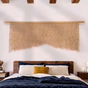 Boho Macrame Headboard Wall Hanging, Large Tan Leaf Vine Tapestry Over King Queen Bed, Warm Natural Fiber Art Decor