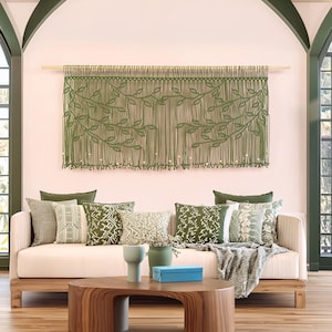 Long Green Narrow Macrame Leaf Curtain: Handmade Macrame Valances for Windows