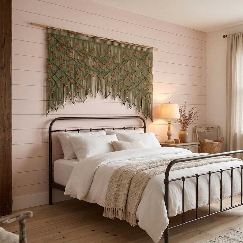Large boho tapestry hangs above the overhead board for boho bedroom decor