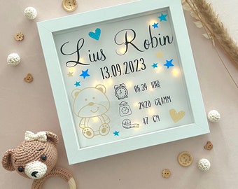 personalized light frame; individual picture frame with name; dates of birth; gift for birth; children's room decoration; Bear; Stars; Heart