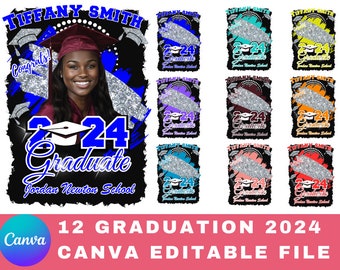 12 Graduation Tshirt Bundle Editable in Canva, 2024 Graduation T Shirt Bundle, Graduation Tshirt Template Bundle, Canva Grad Tshirt Template