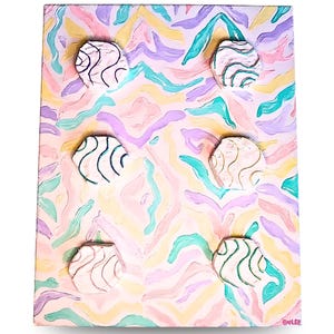May include: Abstract art piece with a pastel color palette. The artwork features a textured background with wavy brushstrokes in pink, yellow, purple, and teal. Six raised, white, oval-shaped elements with black line details are affixed to the surface.