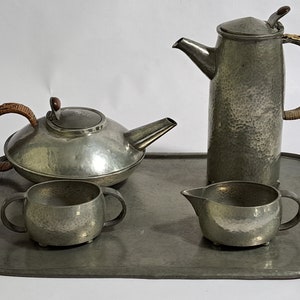English Arts and Crafts Liberty & Co. Tudric five piece coffee and tea set