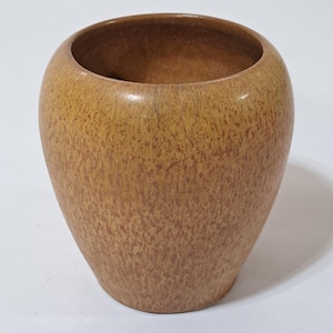 May include: A small, rounded, ceramic vase with a speckled, textured surface. The vase is a warm, earthy brown color, with a wide opening at the top. The vase has a smooth, glossy finish.