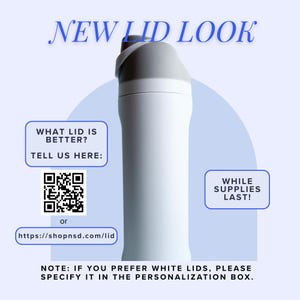 The image is an advertisement for a new lid design, featuring a white lid on a blue background. The text on the image includes a question about the lid's appearance and instructions for customers to provide their preferred lid color.