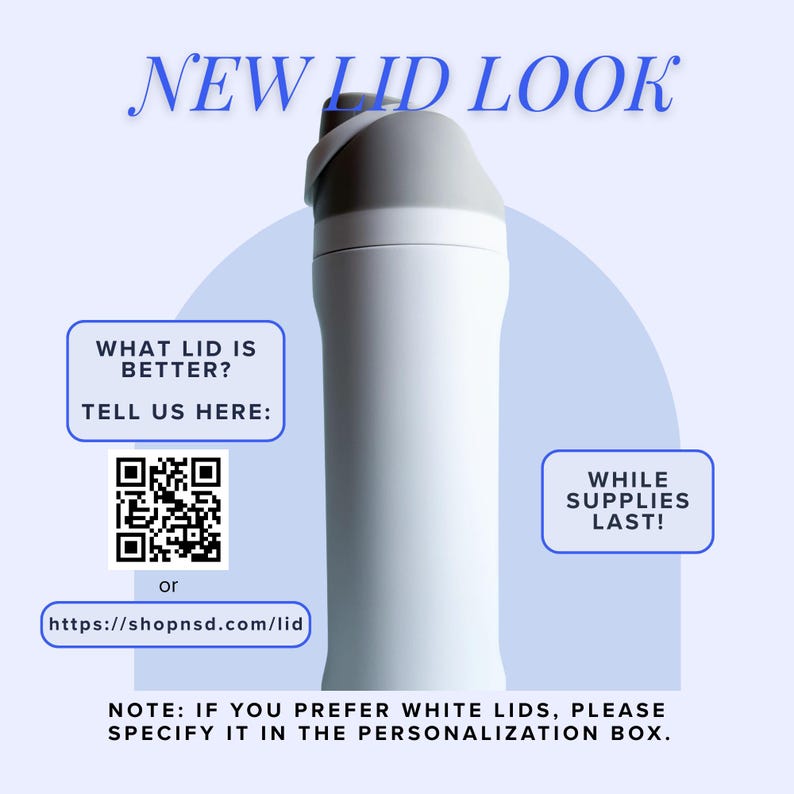 The image is an advertisement for a new lid design, featuring a white lid on a blue background. The text on the image includes a question about the lid's appearance and instructions for customers to provide their preferred lid color.