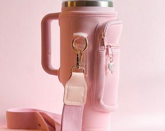 Tumbler Carrier Bag with Phone Case for 40 oz Stanley or Dupe Handle Cup Holder Neoprene Sling Pouch Adjustable Straps with Custom Charms