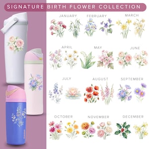 Pode incluir: A imagem mostra uma cole&ccedil;&atilde;o de garrafas de &aacute;gua com desenhos florais, juntamente com uma tabela de flores de nascimento para cada m&ecirc;s. As garrafas s&atilde;o brancas, rosa e azuis. O texto "SIGNATURE BIRTH FLOWER COLLECTION" est&aacute; no topo.