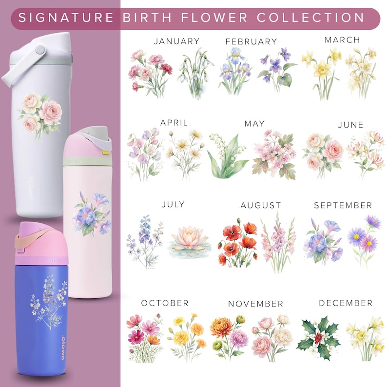 Pode incluir: A imagem mostra uma cole&ccedil;&atilde;o de garrafas de &aacute;gua com desenhos florais, juntamente com uma tabela de flores de nascimento para cada m&ecirc;s. As garrafas s&atilde;o brancas, rosa e azuis. O texto "SIGNATURE BIRTH FLOWER COLLECTION" est&aacute; no topo.