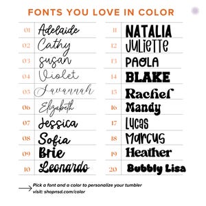 Pode incluir: Em um fundo branco, uma lista de 20 estilos de fonte em preto. O texto "FONTS YOU LOVE IN COLOR" est&aacute; no topo. Cada fonte &eacute; numerada e nomeada, incluindo "Adelaide", "Cathy", "Susan" e "Violet".