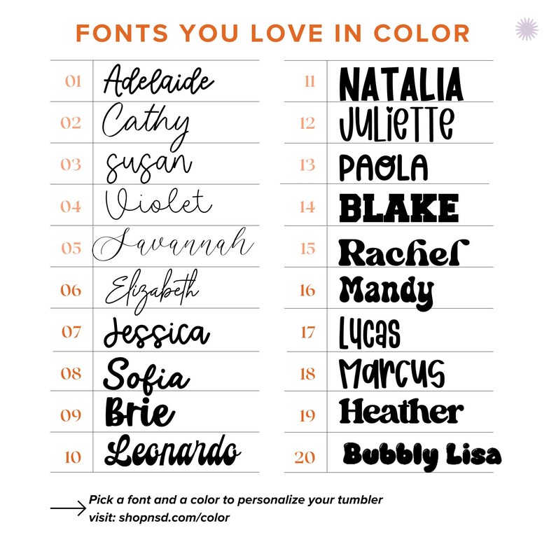 Pode incluir: Em um fundo branco, uma lista de 20 estilos de fonte em preto. O texto "FONTS YOU LOVE IN COLOR" est&aacute; no topo. Cada fonte &eacute; numerada e nomeada, incluindo "Adelaide", "Cathy", "Susan" e "Violet".