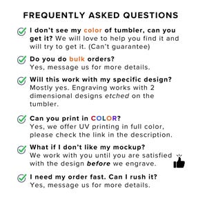 a list of frequently asked questions about a product, specifically a tumbler, and provides a response to each question.