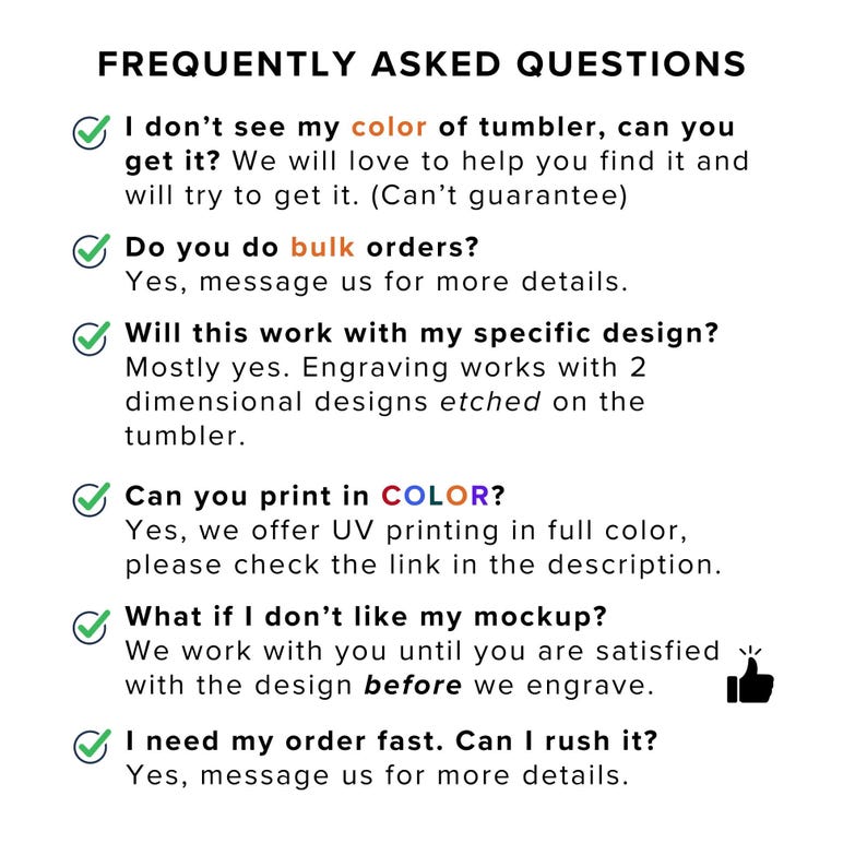 a list of frequently asked questions about a product, specifically a tumbler, and provides a response to each question.