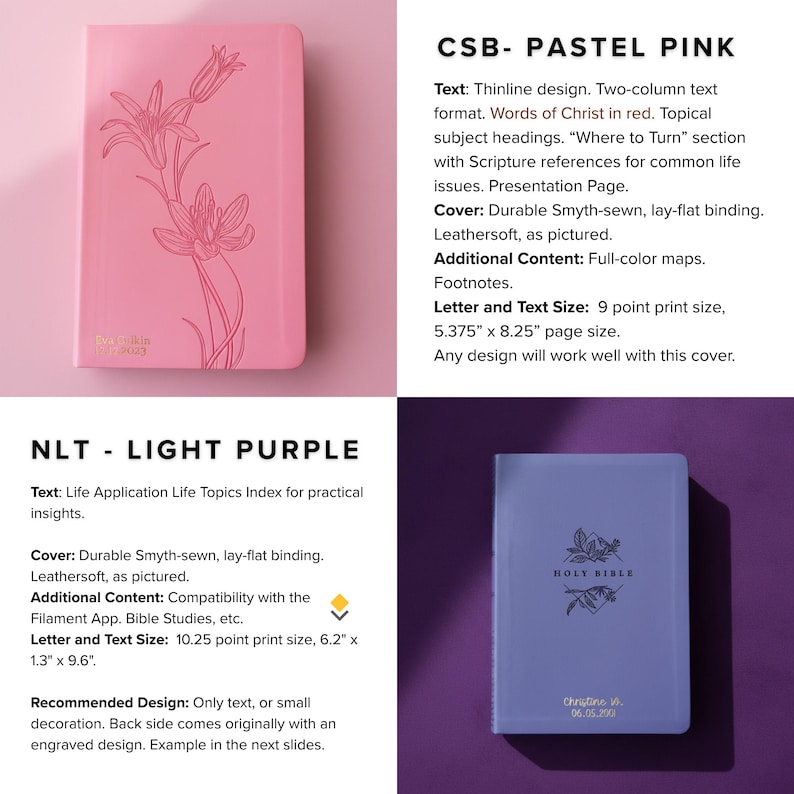two different colored hardcover books, one in a light purple color and the other in a pastel pink color.